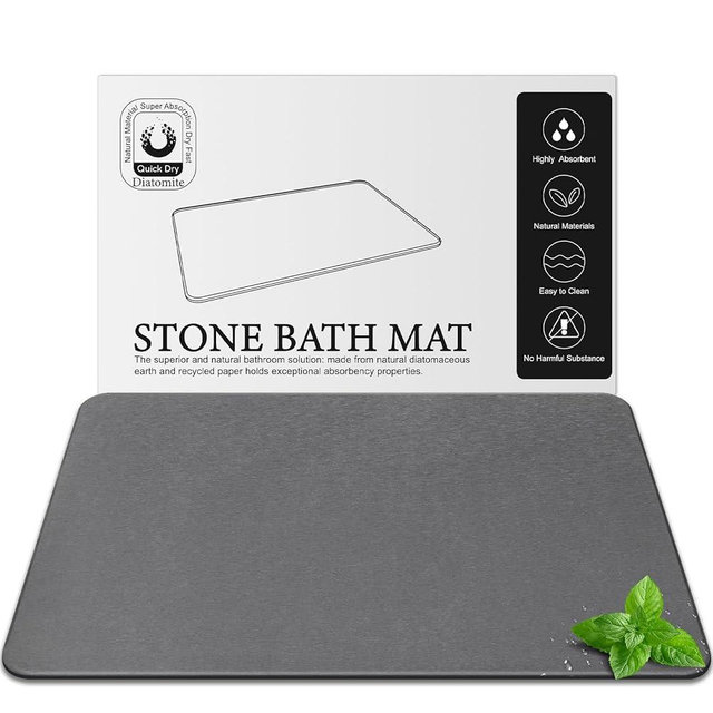 Greenturf Diatomite Stone Bath Mat, Premium Non-Slip Natural Diatomaceous Earth Bathtub Fast Drying Mats for Bathroom Floor (23.6" x 15.4" Dark Grey)