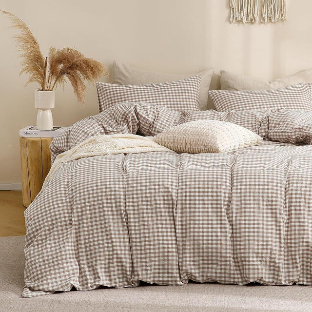 TOCOMOA Tan Gingham Duvet Cover Bedding Set 100% Washed Cotton Like Linen Feel Super Soft Comfy 3 Piece Brown Vintage Plaid Checkered Fall Comforter Cover Set (Full 80"x90", Comforter Not Included)