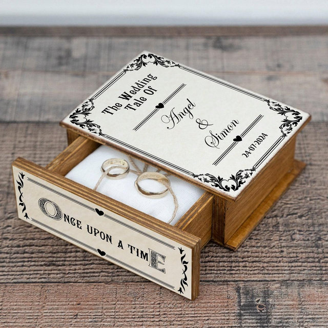 Once Upon a Time Wedding Ring Box – Book-Shaped Ring Bearer Box, Personalized Wooden Engagement Ring Holder, Fairytale Proposal Keepsake