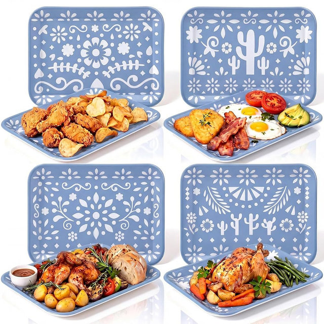 Tiangrid 4 Pieces Mexican Serving Trays Blue Fiesta Melamine Platters Reusable Rectangle Talavera Cactus Party Trays for Cinco de Mayo Party Food Dessert Serving Supplies, 13 x 9.7 inch