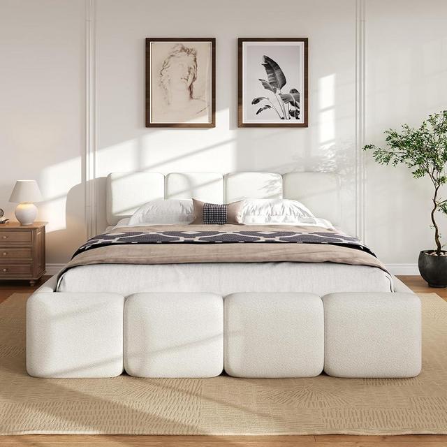 Queen Grounded Bed Frame with Thick Headboard & Footboard, Marshmallow Boucle Fabric Floor Bed with Wooden Slats Support for Bedroom Guest Room, No Box Spring Needed/Mattress Foundation/Easy Assemble