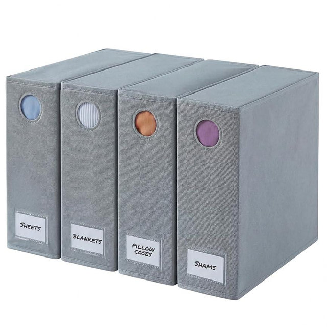 4 Pack Sheet Organizers - Foldable Storage Sheets Set Organizer for Linen Closet - King & Queen Size - Folder Keeper with Window XL - Blanket, Duvet & Pillowcases Dustproof Bedding Container - Grey