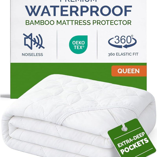 Waterproof Cooling Mattress Protector - Mattress Cover Queen Size - Viscose Made From Bamboo - Soft, Breathable, Noiseless & Washable - Fitted Sheet Style & All Round Protection - (60" x 80") White