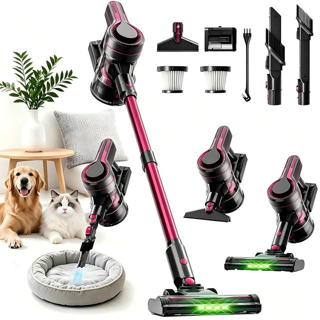 Cordless Vacuum Cleaner for Home,600W 40000PA 70Mins, Self-Standing,Powerful Suction Anti-Tangle Long&Pet Hair, Easily Picks Up Hard/Soft Debris for All Surfaces:Hardwood Floors,Tile,Carpet (Rose Red)