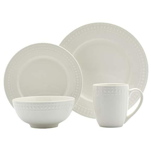 Tabletops Gallery Embossed Bone Ivory White Porcelain Round Dinnerware Collection- Chip Resistant Scratch Resistant, Bloom 16 Piece Dinnerware Set (Dinner Plate, Salad Plate, Cereal Bowl, Mug)