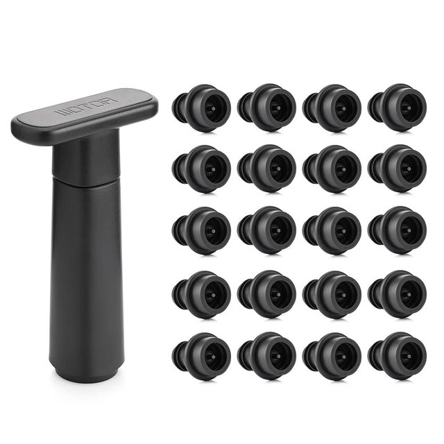 WOTOR Wine Saver Vacuum Pump with 20 Stoppers, Wine Stopper & Preserver, Reusable Bottle Sealer Keeps Fresh, Ideal Accessories Gift (Flat Handle)