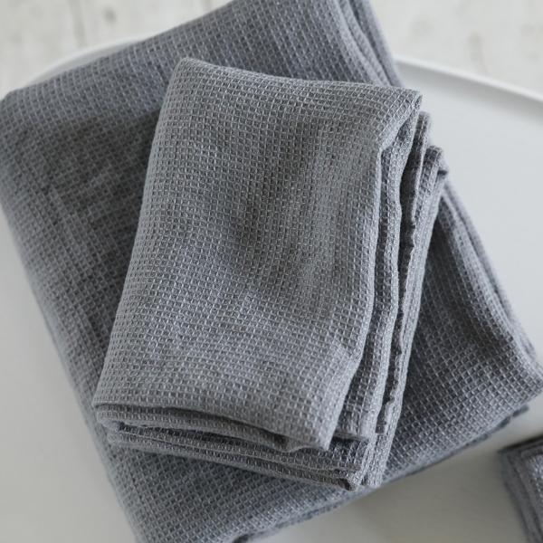 Graphite Linen Bath and Hand Towels Set Washed Waffle