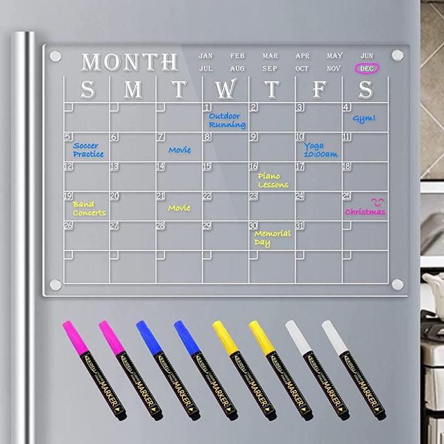 Magnetic Acrylic Calendar Dry Erase Board for Fridge, 17"X 12" Clear Acrylic Calendar Planner Whiteboard for Refrigerator, Includes 8 Dry Erase Marks 4 Colors