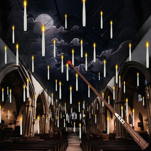 Floating Candles with Wand, 20 PCs Magic Hanging Candles, Flameless Floating LED Candle with Wand Remote, Battery Operated Flickering Warm Light Candles for Halloween Decorations Birthday Theme Party