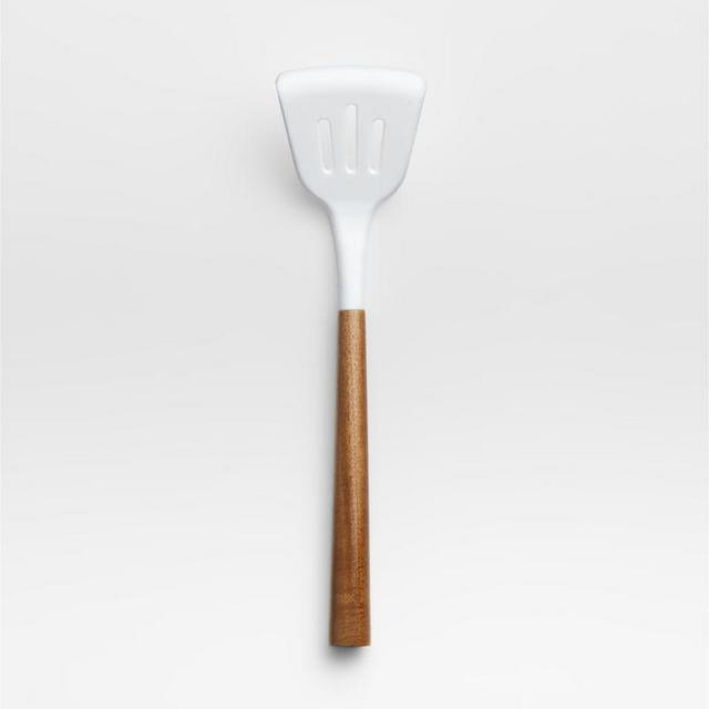 White Silicone Slotted Turner with Acacia Wood Handle
