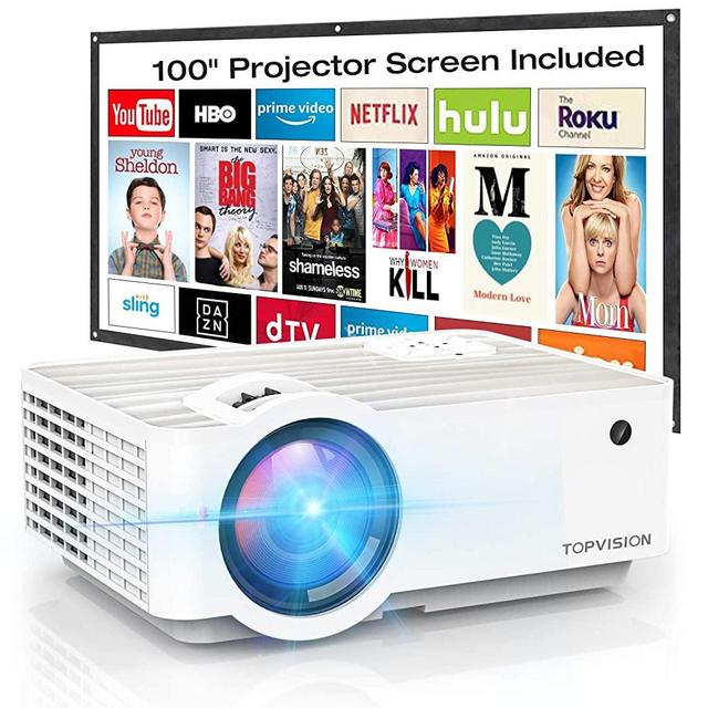 Video Projector, TOPVISION 4500L Portable Mini Projector with 100” Projector Screen, 1080P Supported, Built in HI-FI Speakers, Compatible with Fire Stick, HDMI, VGA, USB, TF, AV, PS4