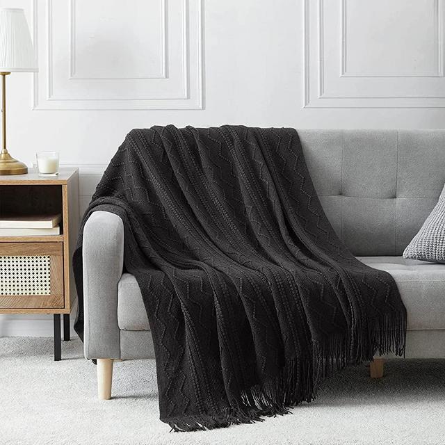 BOURINA Throw Blanket Textured Solid Soft Sofa Throw Couch Cover Knitted Decorative Blanket, 50"x60" Black