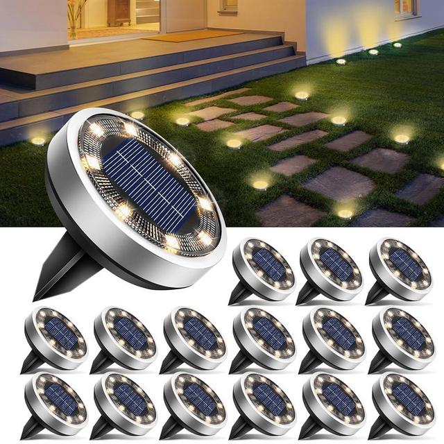 btfarm 16 Pack Solar Ground Lights Outdoor, 8 LED Disc Lights IP65 Waterproof Flat Light, Pathway Light Solar Powered for Garden Lawn Patio Yard Path Landscape, Warm White