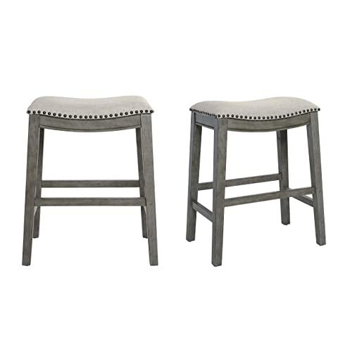 OSP Home Furnishings Saddle Stool with Antique Grey Base, 24-Inch, Grey Fabric
