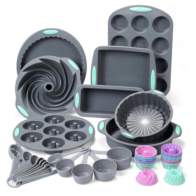 To encounter 49 Pieces Silicone Bakeware Set, Heat Resistant Silicone Baking Pans, Nonstick Silicone Baking Molds for Cake, Bread and Muffin, with Measuring Cups and Spoons Set, Light Grey