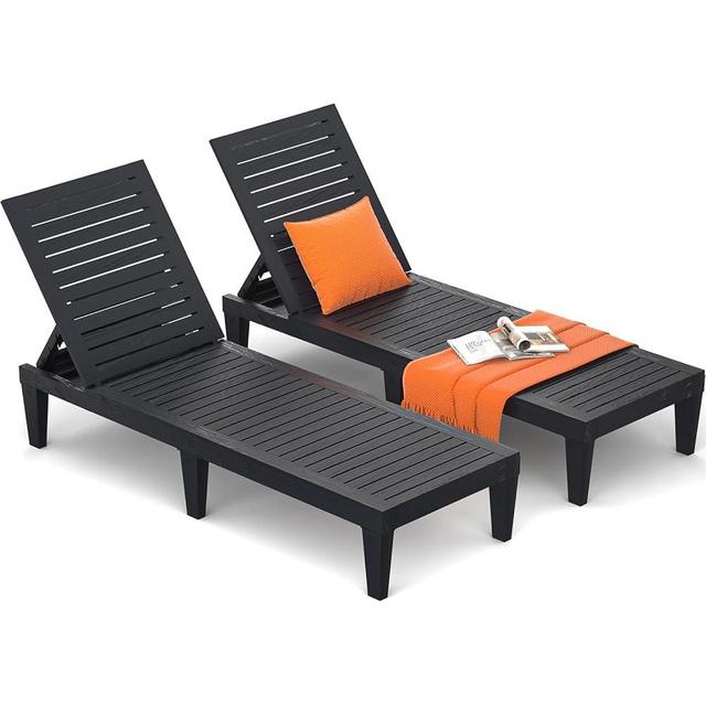 Hoiplu Outdoor Chaise Lounge Chair Set of 2 for Poolside Patio, Water-Resistant Tanning Chair Recliner with Adjustable Backrest, Resin Sun Lounger for Outside Deck, Pool, Beach, Sunbathing, Black