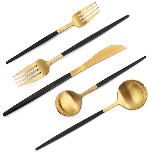 VANVRO Matte Black Gold Silverware Set, 40-Piece Stainless Steel Flatware Set, Satin Finish tableware Cutlery Set, Service for 8, Home and Restaurant, Dishwasher Safe…