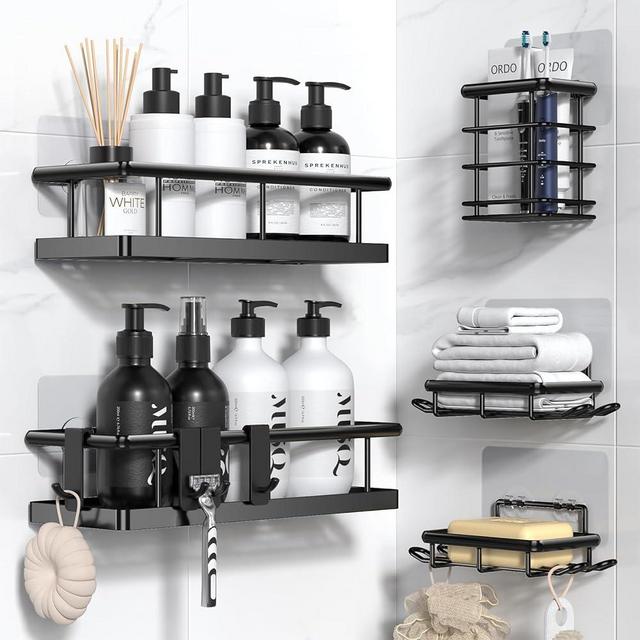 YASONIC Shower Caddy Adhesive 5 Pack, No Drill Bathroom Shower Organizers with Removable Hooks, Rust Proof Shower Shelves for inside Shower, Wall-Mounted Shower Holder, Black