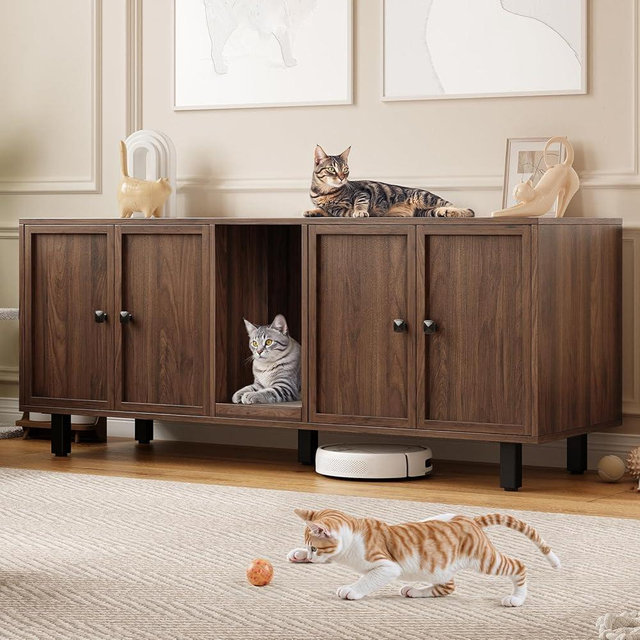 59 Inches Cat Litter Box Enclosure for 2 Cats, Hidden Litter Boxes Furniture with Cat Scratch Pad, Large Indoor Pet House with Double Room, Wooden TV Stand Side Table, Walnut