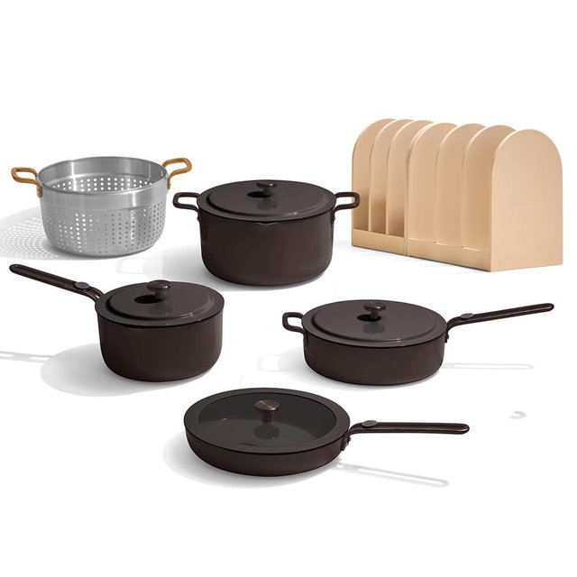 Our Place 11-Piece Essentials Complete Cookware Set - Ceramic Fry Pan, Saucepan, Sauté Pan, Stock Pot, Strainer Basket & Rack Storage | Thermakind™ Nonstick, Oven Safe up to 450°F | Char