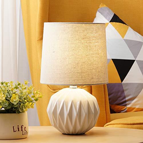 Tayanuc Small Geometric Ceramic Bedside Nightstand Table Lamp, White Textured Desk Lamp Linen Drum Fabric Shade for Living Room Family Bedroom