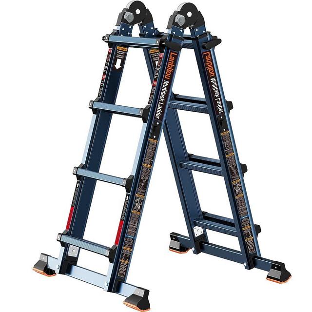 LANBITOU Ladder, A Frame 4 Step Ladder Extension, 14 FT Anti-Slip Multi Position Ladder, Storage Folding Ladder, 300 lbs Security Load Telescoping Aluminum Ladders for Stairs Home Indoor Outdoor Roof