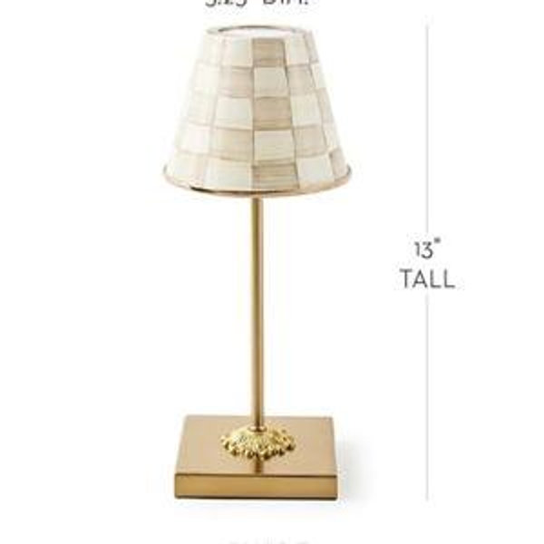 MACKENZIE-CHILDS LED Rechargeable Cafe Table Lamp, Cordless Decorative Lamp, Brown-and-White Mocha Check