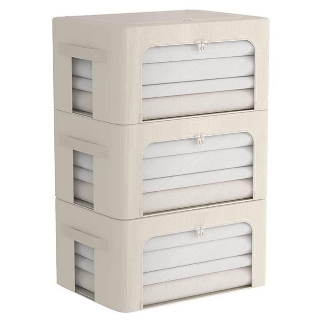 3Pack Frame Storage Box - Clothes Storage Bin Bags Oxford Fabric Foldable Stackable Container Organizer Set with Clear Window & Carry Handles Large Capacity for Bedding, Blankets, Toys, Books (Beige, Medium-44L)