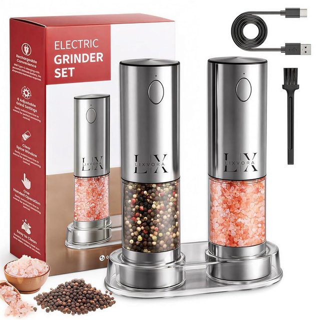 LIXVORA Electric Salt and Pepper Grinder Set, Rechargeable Salt and Pepper Grinders, Stainless Steel Automatic Pepper Mill, Adjustable Coarseness, LED Light, One-Hand Operation for Kitchen & Dining