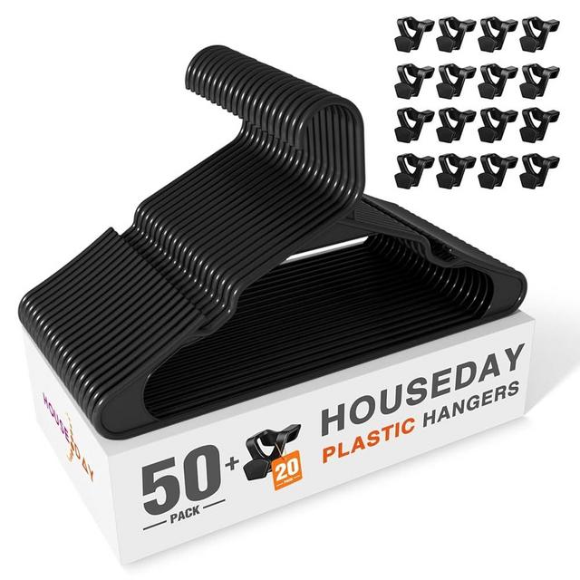 HOUSE DAY Black Plastic Hangers 50 Pack with 20 Pack Hanger Connector Hooks, Premium Slim Clothes Notched Hangers Space Saving, Heavy Duty Closet Hangers for Coat, Suit, Shirt, Dress