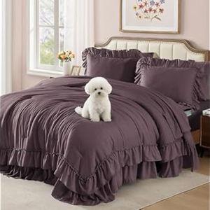 BLOOMHAVEN Queen Comforter Set - 7 Pieces Ruffle Black Bedding Sets, Shabby Chic Farmhouse Bed in a Bag Queen with Ruffle Comforter, Floral Sheets, Pillowcases & Shams