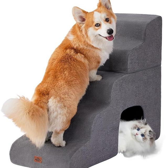 Gray Curved Dog Stairs Ramp for High Beds 28.7" H, 5-Step Dog Steps for Small Dogs and Cats, Pet Stairs for High Bed Climbing, Non-Slip Balanced Pet Step