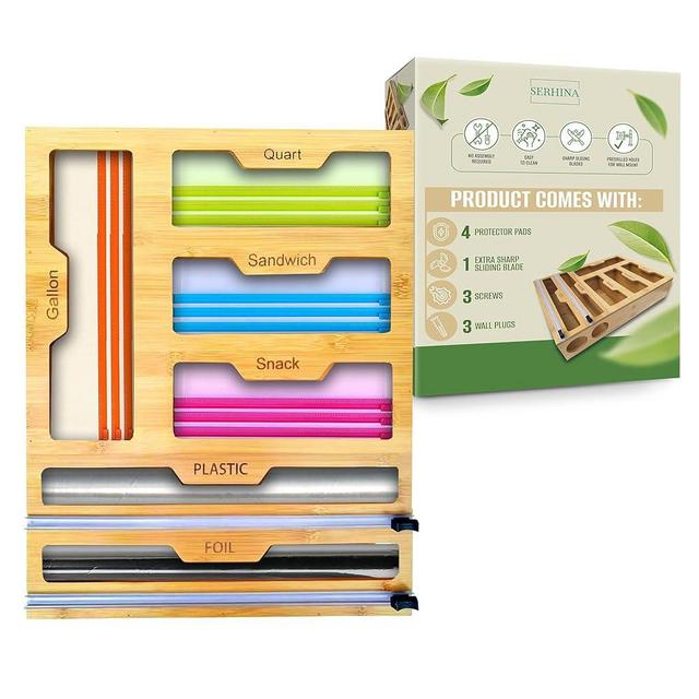 SERHINA Storage Bag Organizer for Kitchen Drawer - Foil and Plastic Wrap Dispenser with Cutter - Plastic Bag Food Baggie Organizer for Sandwich Snack Gallon Quart