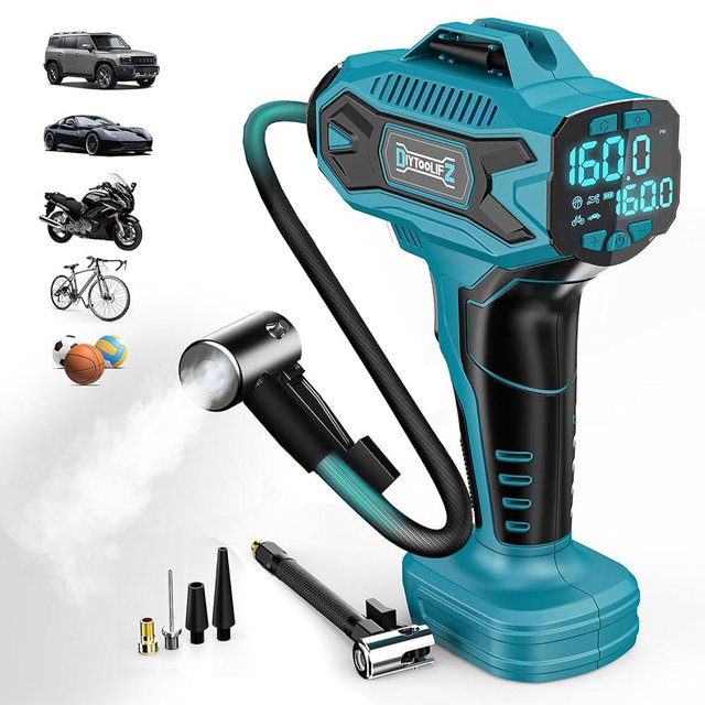 DIYtoolifz Cordless Tire Inflator Air Compressor Compatible with Makita 18V Battery, 160PSI Portable Air Pump with Digital Pressure Gauge, Fast Inflation for Cars, Motorcycles, Bikes(Bare Tool)