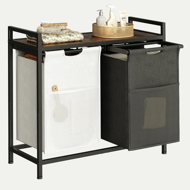 Herture Laundry Hamper with Shelf, Laundry Basket 2 Section, Laundry Sorter with Pull-Out Removable Large 2 Color Bags, Metal Frame, 2 x 15.52 Gallons (59L), Rustic Brown PF06XLN