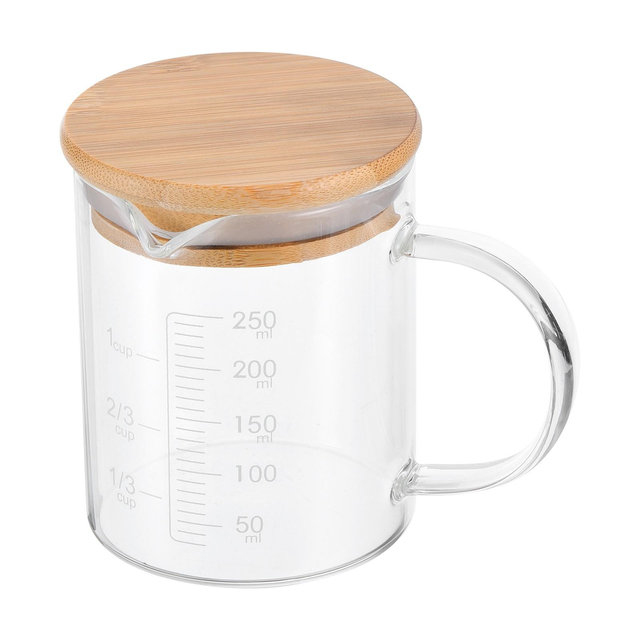 Unique Bargains 3.3 Borosilicate Glass Wood Lid V-shaped Spout Scale Measuring Cup 250ml White