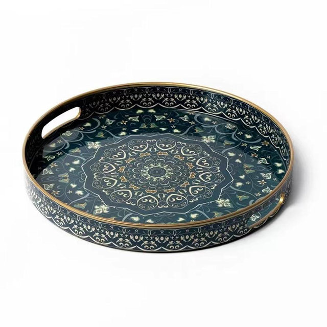 Fuukou Round Serving Tray with Handles - Large Round Ottoman Tray Coffee Table Tray,Plastic Decorative Trays for Coffee Table,Boho Ottoman Trays for Living Room