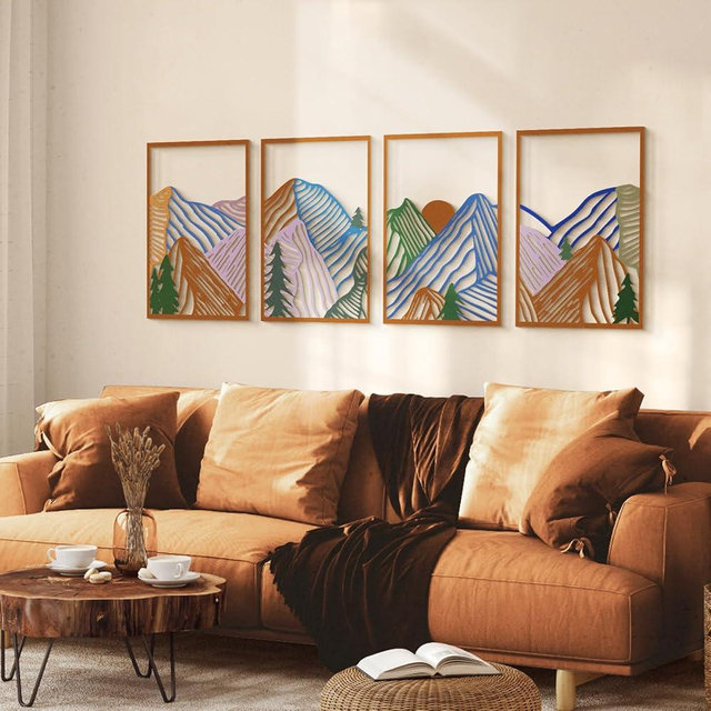 Glamativity 4 Pcs Colorful And Black Double-Sided Abstract Mountain Metal Wall Art, Mountain Line Art Decor, 3D Textured Minimalist Wall Decor, Rustic Nature Wall Decor for Living Room, Bedroom, Study