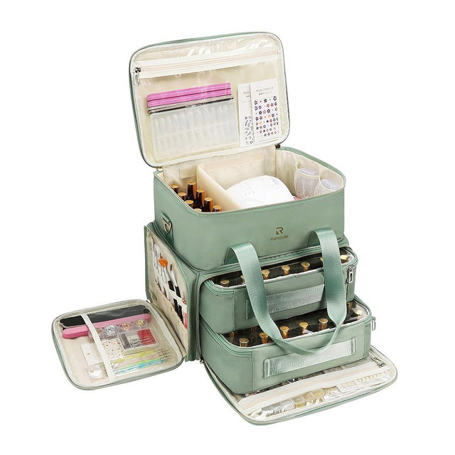 Relavel Nail Polish Organizer, Double Layer Nail Bag Holds 80-100 Bottles (15ml/0.5fl.oz) & Nail Lamp Nail Kit Storage Case, Extra Large Travel Nail Supplies Shoulder Bag for Manicure Tools (Green)