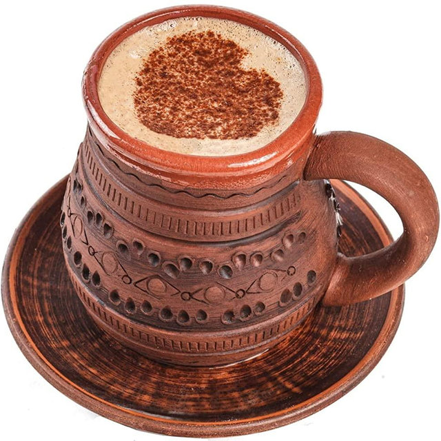 Handmade Clay Coffee Mugs Diner Potbelly Coffee Mug Earthenware & Saucer 10oz(300ml) - Nordic Coffee Mug Ceramic Viking Coffee Mugs - Stone Coffee Mug Diner Mugs for Coffee - Tea Unglazed Clay Cup