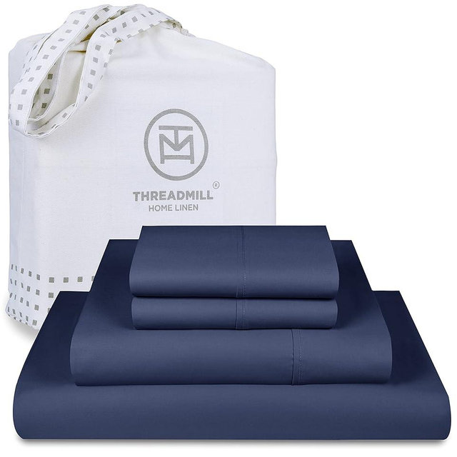 Threadmill Supima Cotton Sheets Queen, 1000 Thread Count Queen Sheets for Queen Mattresses, 4 Piece Luxury Bed Sheets, Sateen Weave Hotel Quality Sheets with Elasticized Deep Pocket, Folkstone Blue