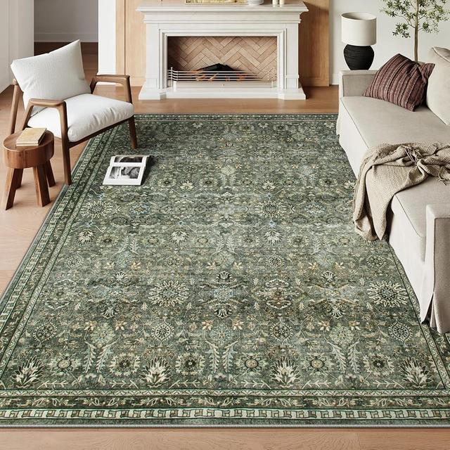 Lahome Green 8x10 Rugs for Living Room, Boho Washable Area Rugs for Bedroom, Rubber Backed Non Slip Floor Carpets for Dining Room Home Decor Apartment, Olive Green