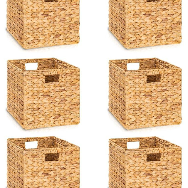 TREVIETDECOR 10.5x10.5x10.5 Wicker Storage Cubes, Water Hyacinth Storage Basket, Wicker Storage Baskets for Shelves, Woven Baskets for Storage, Square Wicker Storage Basket for Bedroom, Living Room