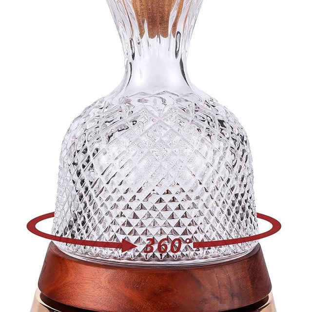 Rotating Wine Decanter with Wooden Base – 360° Spinning Wine Aerator for Fast Oxygenation, Crystal Clear Wine Carafe Decanter for Red Wine, Elegant Wine Decanter Set & Gift Choice