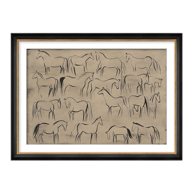 MUDECOR Premium Framed Wall Art Modern Line Drawing of Horses Illustrations Impressionism Scenic Colorful for Living Room, Bedroom, Office - 26"x36" Black