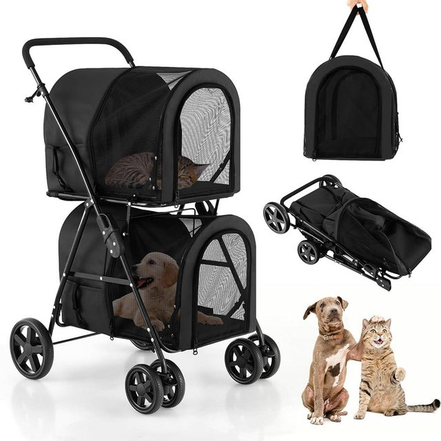 HAPPAWS Dog Stroller with 2 Detachable Carrier, Pet Stroller for Small Medium Dogs Cats, Jogger/Travel/Camping, 4-in-1 Doggy Pet Carrier, Carrier Strolling Cart with Lockable Wheels (Black)
