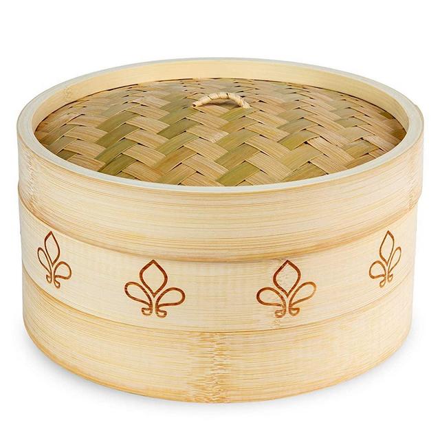 Bamboo Steamer 10 Inch | Premium 2 Tier Dumpling Steamer & Lid | Steamer basket perfect as a Chinese Dim Sum, Bao Bun, Momo, Rice & Vegetable Steamer | Steam Cooking for Healthy Food (Fleur de Lis)