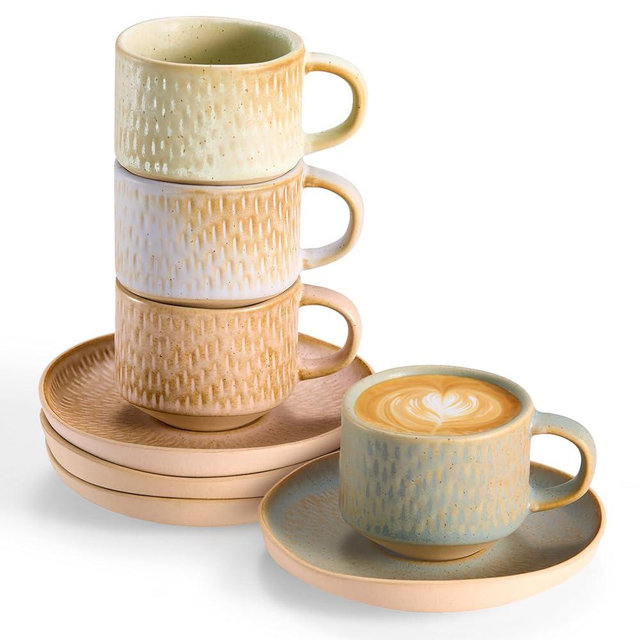 KooK Espresso Mug and Saucer Set, Ceramic Cups and Plates with Rustic Organic Shape and Feathered Texture, Dishwasher and Microwave Safe, 2.7 oz, Set of 4, Neutral Multicolor