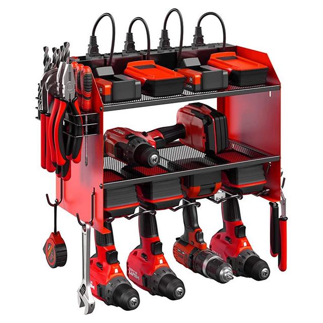 CCCEI Modular Power Tool Organizer Wall Mount with Charging Station. Garage 4 Drill Storage Rack with Hooks, Screwdriver and Bit Heavy Duty Rack. Battery Charger Holder Built in 8 Outlets Power Strip.