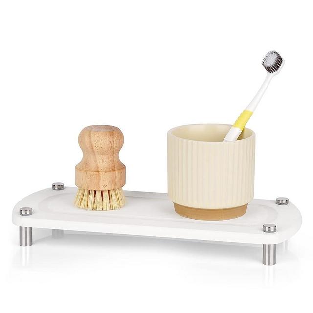 Ozzptuu Sink Caddy Instant Dry Kitchen Sink Organizer Sponge Holder for Kitchen Sink Diatomaceous Pedestal Stand Riser with Stainless Steel Feet Protection for Modern Home (White)